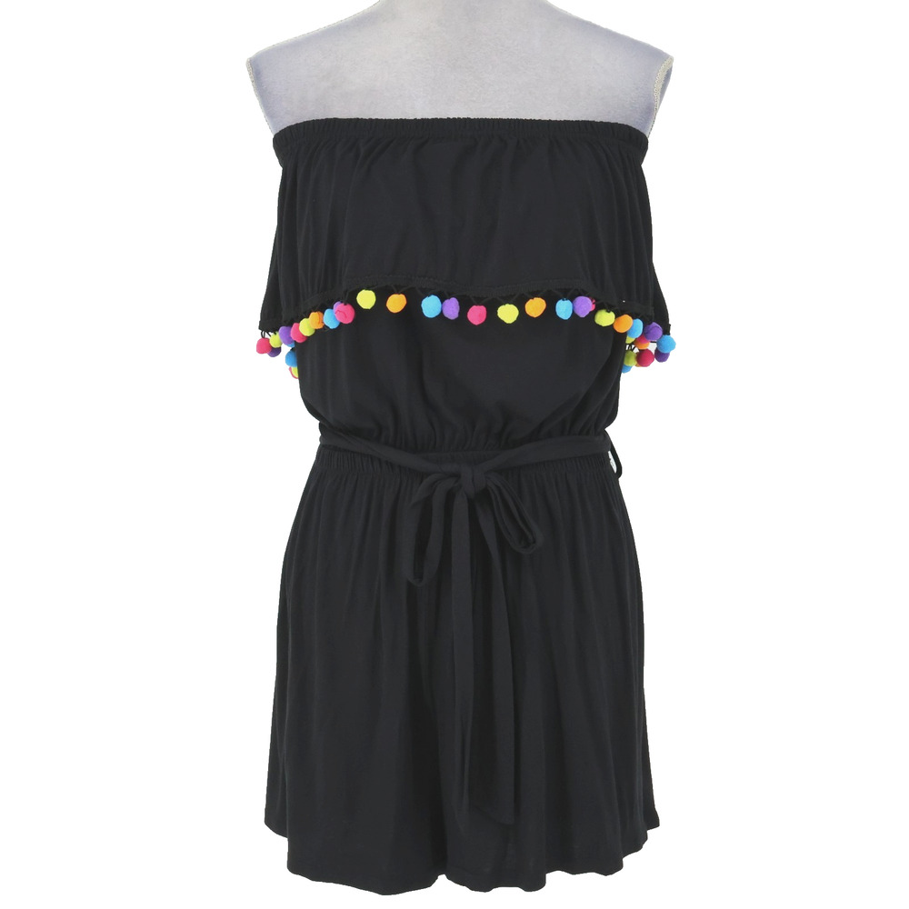 Boohoo Romper Womens 18 Plus Size Black Stretch Knit Pom Poms Strapless Belt New